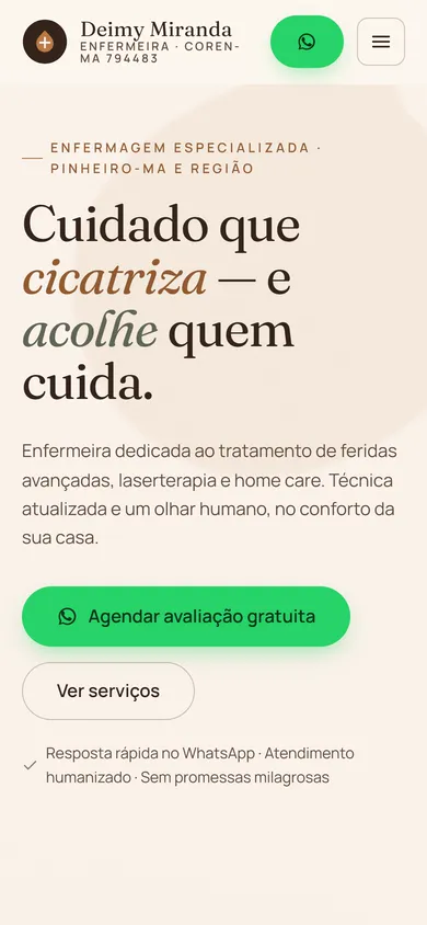 Site da Deimy Miranda no celular: nome e registro no topo, o título, um texto de apresentação e o botão Agendar avaliação gratuita.