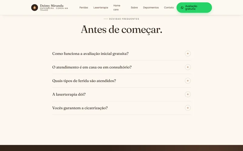 Perguntas frequentes do site: avaliação gratuita, atendimento em casa, tipos de ferida e se a laserterapia dói.