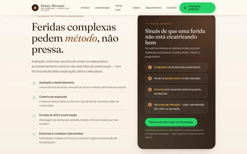 Seção de feridas no site: a lista de cuidados e o quadro com 4 sinais de que uma ferida não está cicatrizando bem.