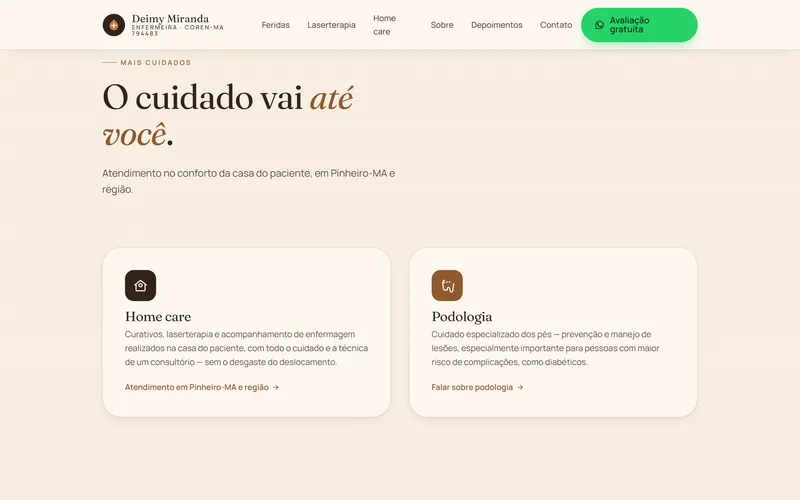 Seção O cuidado vai até você, com os cartões de home care e podologia.