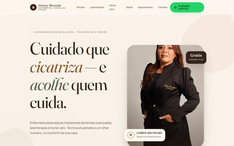 Primeira tela do site da Deimy Miranda no computador: título Cuidado que cicatriza e acolhe quem cuida, retrato da enfermeira de jaleco preto e o selo do Coren-MA.