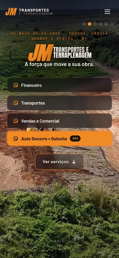 Site da JM no celular: marca JM no topo e 4 botões grandes de WhatsApp, com Auto Socorro e Guincho 24h em laranja.