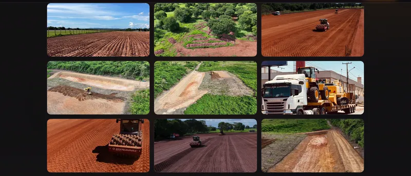Galeria de obras do site da JM: fotos de áreas de terra vermelha niveladas, vistas aéreas e rolos compactadores.