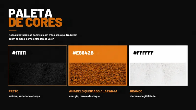 Slide da proposta de identidade da JM com a paleta preto, laranja queimado e branco, cada cor com uma textura de terra ou concreto.