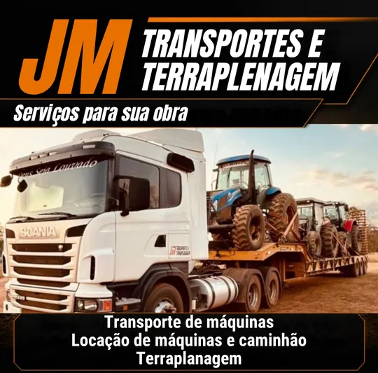 Post de feed da JM: logo em laranja, Serviços para sua obra, uma carreta levando tratores e a lista de serviços.