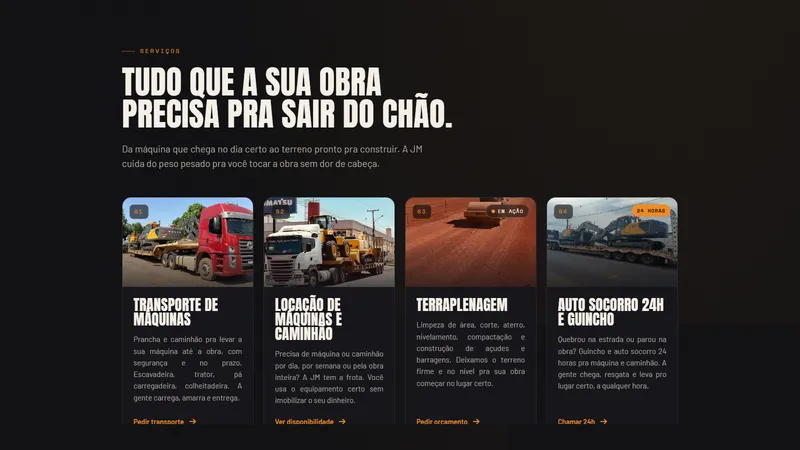 Seção de serviços do site da JM: título Tudo que a sua obra precisa pra sair do chão e 4 cartões com foto.