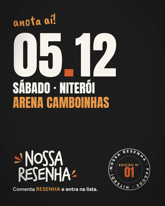 Post do feed com a data 05.12 em letras grandes, Sábado, Niterói e Arena Camboinhas, e o selo da edição Nº 01.