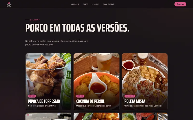 Seção de cardápio, Porco em todas as versões, com cartões da pipoca de torresmo, da coxinha de pernil e da roleta mista.