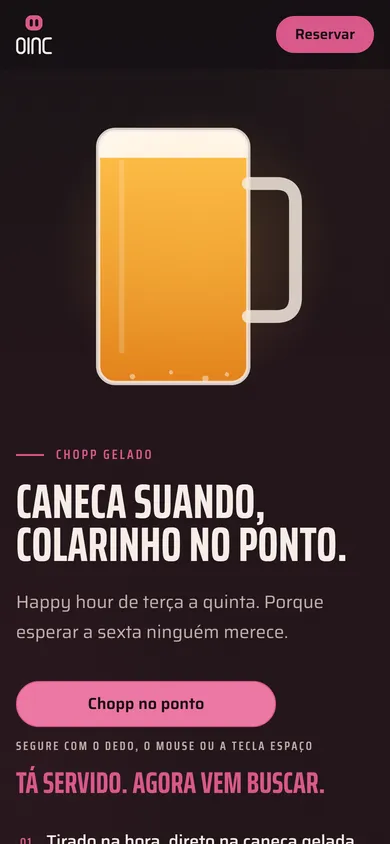 Seção do chopp no celular: caneca desenhada cheia, o título Caneca suando, colarinho no ponto e o botão rosa.
