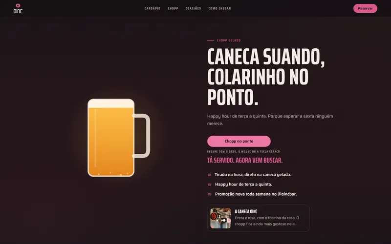 Seção do chopp no computador: a caneca cheia ao lado do título e da mensagem Tá servido. Agora vem buscar.
