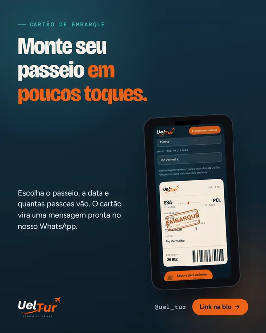 Post com o título Monte seu passeio em poucos toques e um celular mostrando o cartão de embarque.