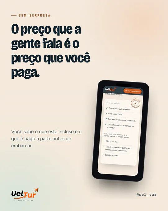 Post com o título O preço que a gente fala é o preço que você paga e um celular com a lista do que está no preço.