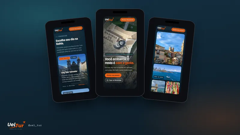3 celulares com telas do site da Uel Tur: o cartão do City Tour Salvador, o topo com o Farol da Barra e a galeria com o Pelourinho e o Farol.
