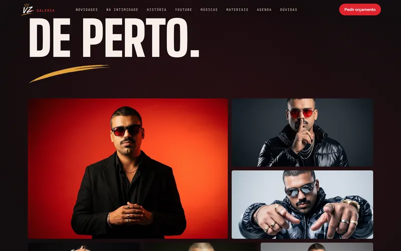 Site do VZ no computador: a galeria De perto com fotos do cantor em ensaio, menu e botão vermelho Pedir orçamento.